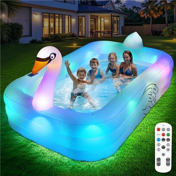 Inflatable Pool with Lights Solar Swan Inflatable Swimming Pool,100"x63"x22
